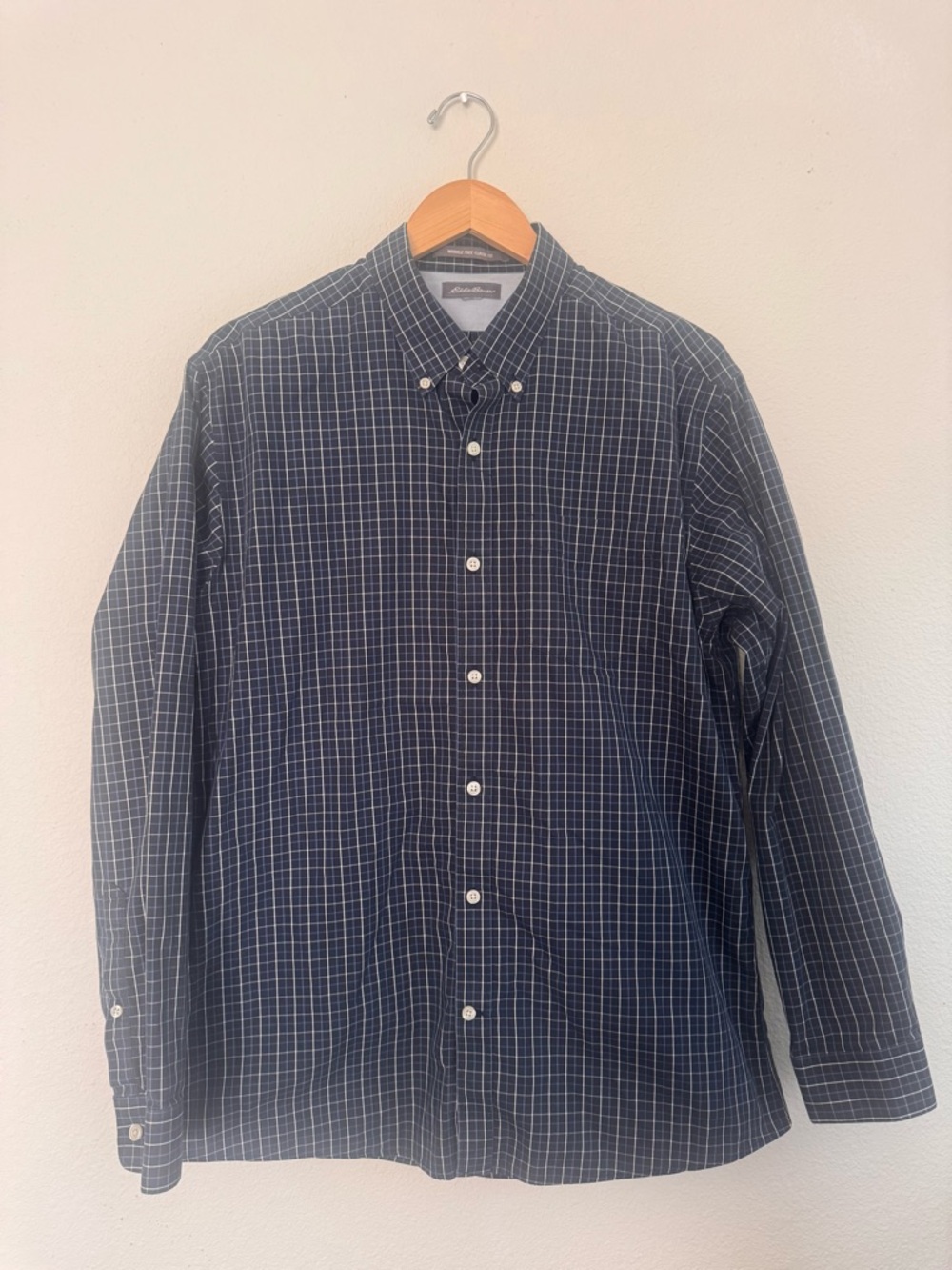 Eddie Bauer Men’s XL Navy and White Windowpane Button-Down Oxford Shirt